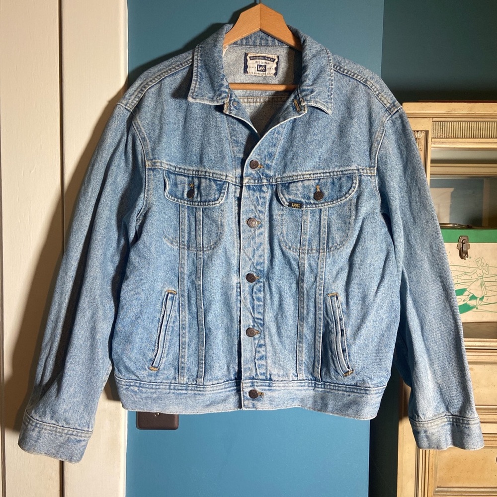 1990s Vintage Lee denim jacket with Disney, Mobil, and World’s Fair patches.